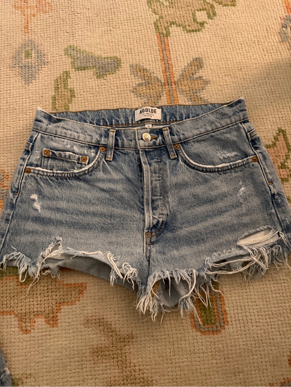 AGOLDE Light Wash Distressed Frayed Denim Shorts